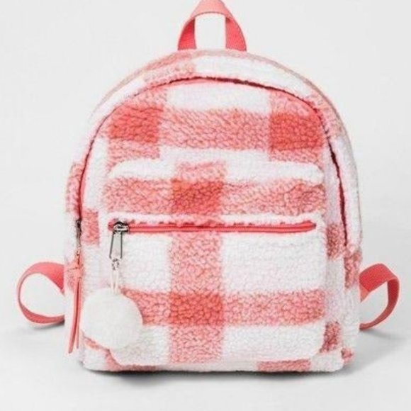 Cat & Jack Pink  Plaid Sherpa Mini Backpack - Picture 1 of 5